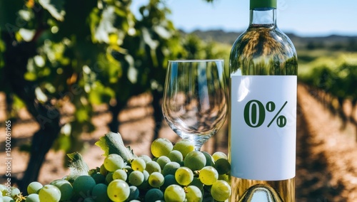 Zero-alcohol wine bottle and glass in vineyard