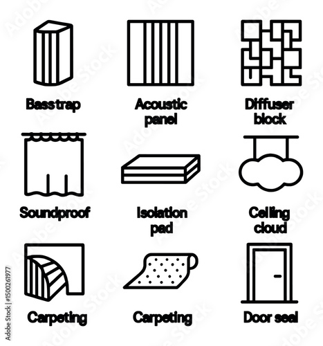 Acoustic Treatment Icons. Outline icon set of acoustic treatment features: bass trap, acoustic panel, diffuser block, soundproof