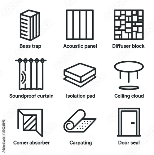Acoustic Treatment Icons. Outline icon set of acoustic treatment features: bass trap, acoustic panel, diffuser block, soundproof