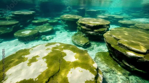 Submerged limestone formations glow in crystal-clear waters. Underwater geological structures create ethereal landscape. Ancient coral reef transformed into stone tells marine history. 