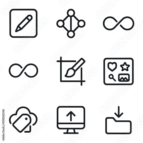 AI Icon Set. Outline icon set of AI-powered icon generation: sketch pad, neural net node, endless loop arrow, stroke adjust, style