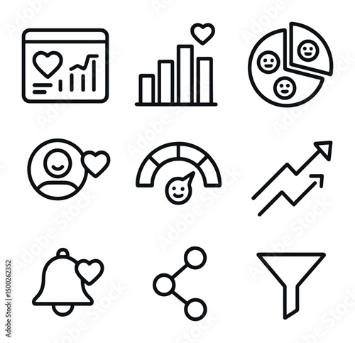 AI Analytics Icon Set. Outline icon set of AI empathy analytics: dashboard screen, bar chart, sentiment pie, user profile, score