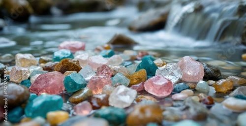 Smooth river stones shine beneath clear flowing water. Water-polished minerals Pristine mountain stream reveals geological diversity. Concept: water resources, environmental conservation, nature photo