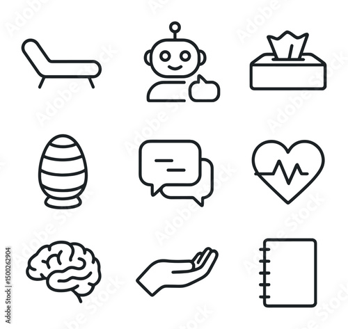 AI Therapy Icons. Outline icon set of AI mental health support: therapy couch, robot counselor, tissue box, calming lamp, chat