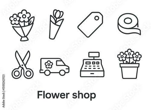 Flower shop outline icons set – linear, floral, gardening and retail symbols