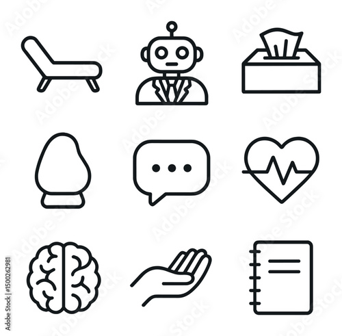 AI Therapy Icons. Outline icon set of AI mental health support: therapy couch, robot counselor, tissue box, calming lamp, chat