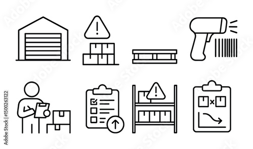 Warehouse management outline icons set – inventory, logistics, storage symbols