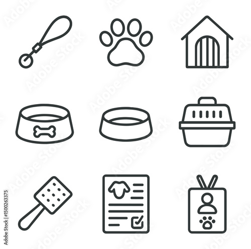 Animal Shelter Icons. Outline icon set of animal shelter volunteering: dog leash, cat paw, kennel, food bowl, water trough, pet