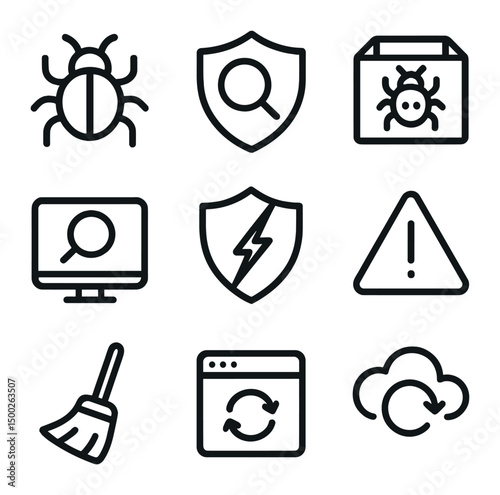 Antivirus Icon Set. Outline icon set of antivirus & malware protection: virus bug, shield scan, quarantine box, update cloud, full