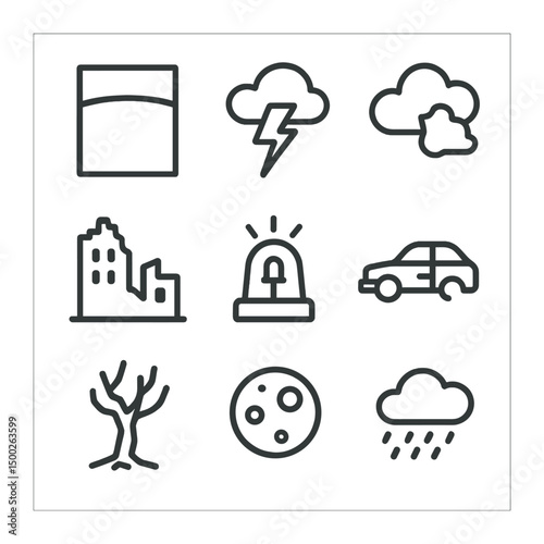 Apocalyptic Icon Set. Outline icon set of apocalyptic skies: red sky gradient, lightning bolt, broken cloud, ruin silhouette, ash