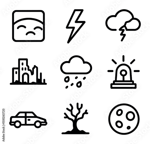 Apocalyptic Icon Set. Outline icon set of apocalyptic skies: red sky gradient, lightning bolt, broken cloud, ruin silhouette, ash