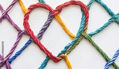 Colorful threads intertwined to form a heart shape on a white background.  Interconnected, vibrant,  tapestry of love