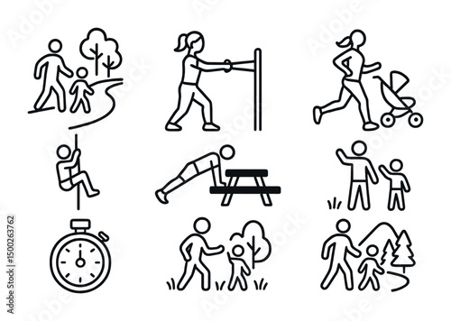 Outdoor activity line icons set – fitness, recreation, family-friendly symbols