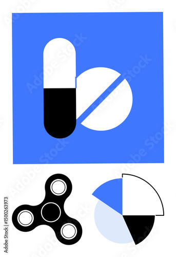 Pill capsule and split tablet, rotating fidget spinner, and segmented pie chart. Ideal for health, wellness, creativity, analytics, balance therapy modern aesthetic. Flat simple metaphor