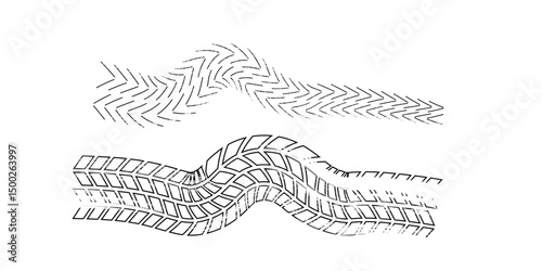 Tire trace track. Abstract wheels braking distances, tread silhouettes brushes. Isolated car or motorcycles vector trails