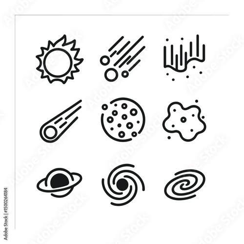 Astronomical Icons Collection. Outline icon set of astronomical phenomena: solar flare, meteor shower, aurora borealis, lunar
