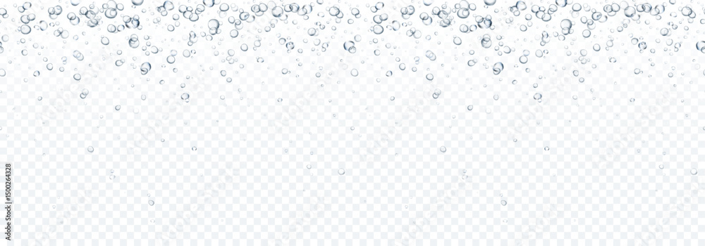 Bubbles underwater texture isolated on transparent background. Vector air, gas or oxygen under water. Realistic fizzy drink, soda effect seamless pattern