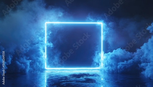 Empty glowing blue square frame, smoky backdrop