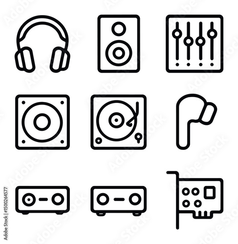 Audio Equipment Icons. Outline icon set of audio equipment: headphones, studio monitor, audio mixer, subwoofer, turntable,