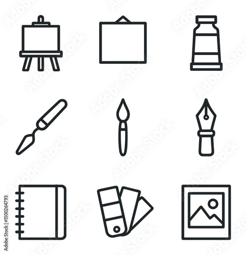 Art Tool Icons. Outline icon set of painting and illustration: easel, canvas, paint tube, palette knife, watercolor brush, ink pen