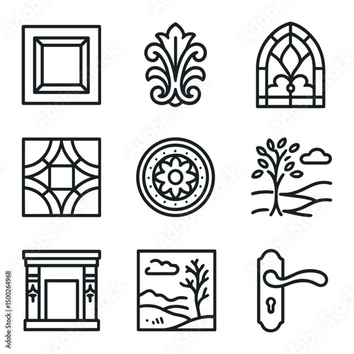Artisan Craft Icon Set. Outline icon set of artisan craftsmanship details: custom cabinetry panel, hand-carved wood applique,