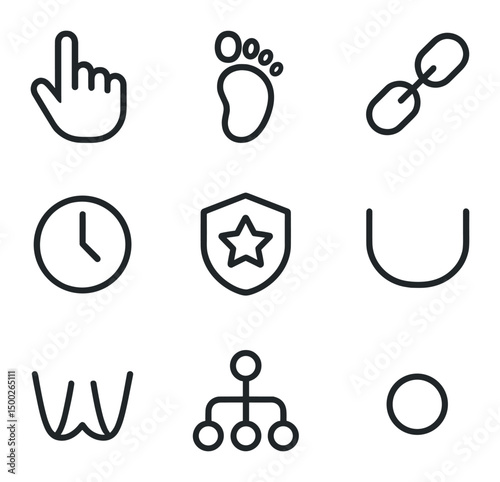 Attribution Model Icons. Outline icon set of attribution modeling types: first-touch hand, last-touch footprint, linear chain,