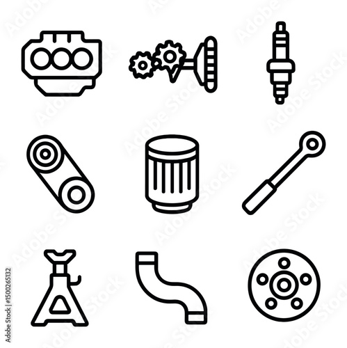 Automotive Parts Icon Set. Outline icon set of automotive parts assembly: engine block, transmission gear, spark plug, timing belt