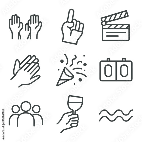 Audience Engagement Icons. Outline icon set of audience engagement: cheering hands, foam finger, clapperboard, applause icon,
