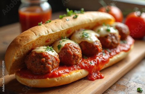 Delicious meatball sandwich hoagie roll with melted cheese and tomato sauce. Homemade Italian meal, lunch or dinner. Tasty sub on wooden board. Closeup of a classic dish.