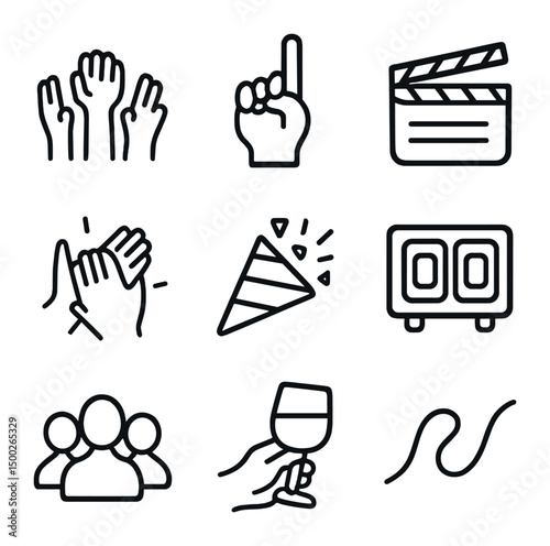 Audience Engagement Icons. Outline icon set of audience engagement: cheering hands, foam finger, clapperboard, applause icon,