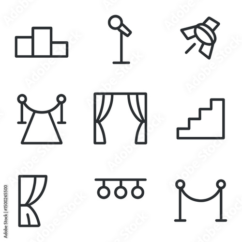 Award Ceremony Icons. Outline icon set of award ceremony stage setup: podium, microphone stand, spotlight, red carpet, backdrop
