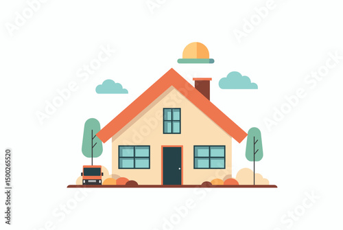 Minimalistic illustration of a cozy house with a sun and trees, representing home and comfort