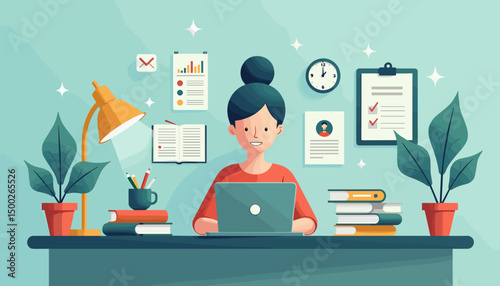 Illustration of a woman working at a desk with a laptop, surrounded by plants and organized materials, reflecting a productive workspace