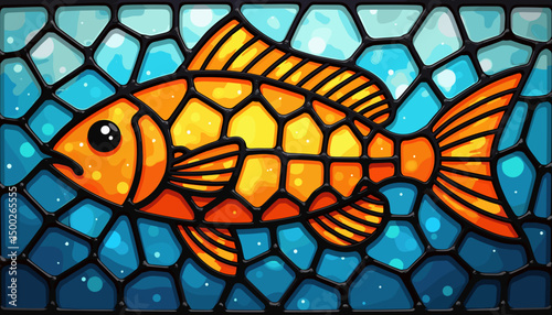 Colorful stained glass representation of an orange fish swimming in water, showcasing artistic craftsmanship