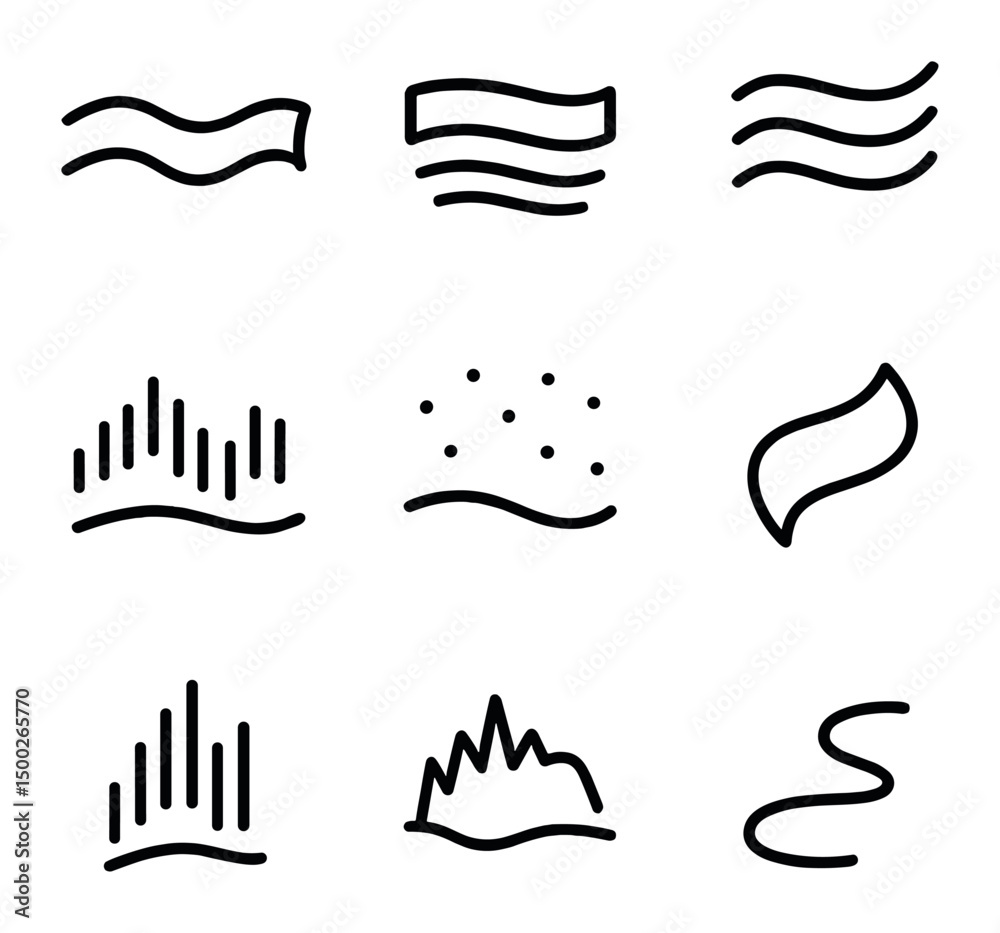 Fototapeta premium Aurora Ribbons Icons. Outline icon set of aurora ribbons: wave ribbon, gradient band, ripple lines, night horizon, star dots, soft