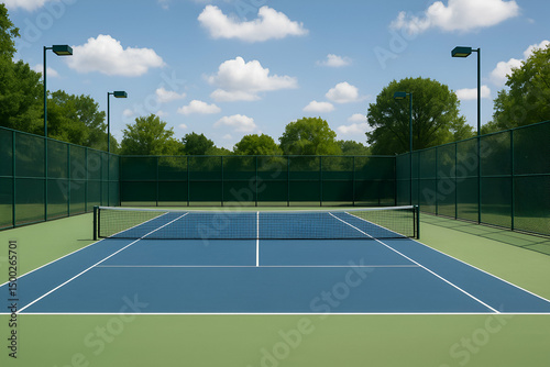 Wallpaper Mural A bright and inviting outdoor tennis court surrounded by greenery, featuring a pristine blue surface and net under a clear sky, ideal for tennis enthusiasts and sports promotions. Torontodigital.ca