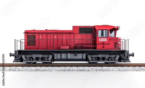 Red diesel locomotive on tracks, side view
