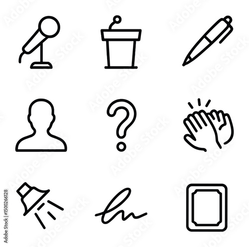 Author Event Icons. Outline icon set of meal presentation styling: garnish sprig, plating ring, sauce drizzle, serving platter,