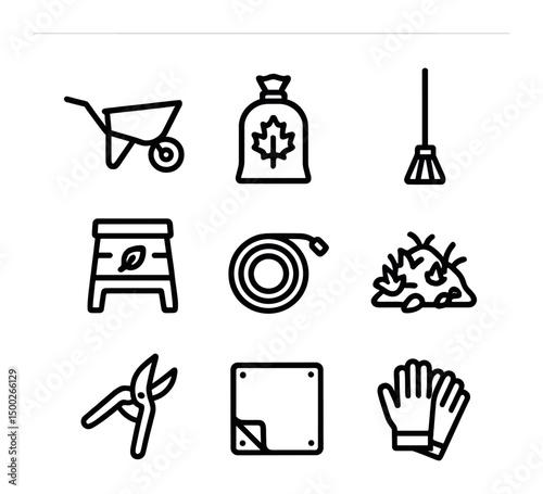 Autumn Garden Icon Set. Outline icon set of autumn garden cleanup tasks: wheelbarrow, leaf bag, broom, compost bin, garden hose