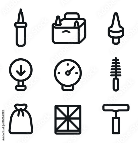 Balloon Tools Icon Set. Outline icon set of balloon inflation tools: hand pump, electric pump, nozzle adapter, deflation valve,