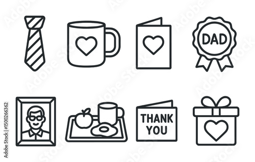 Father's day outline icons set – gift, flat, appreciation and celebration symbols