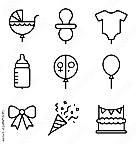 Baby Shower Icon Set. Outline icon set of baby shower balloons: baby carriage balloon, pacifier balloon, onesie balloon, baby