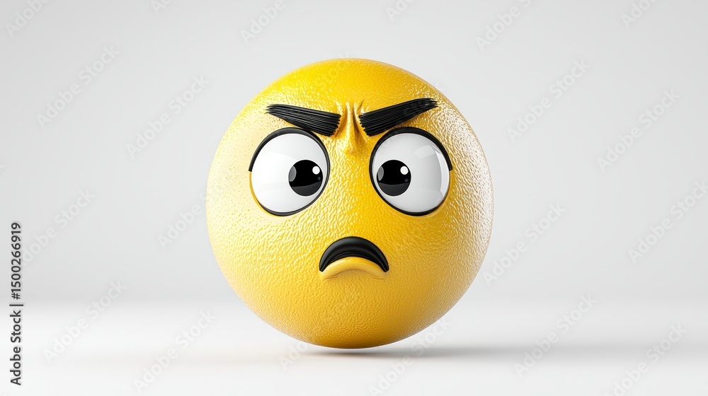 Fototapeta premium A detailed 3D rende of a worried yellow emoji face with furrowed eyebrows, expressing concern and anxiety, perfect for illustrating digital emotions and feelings in various