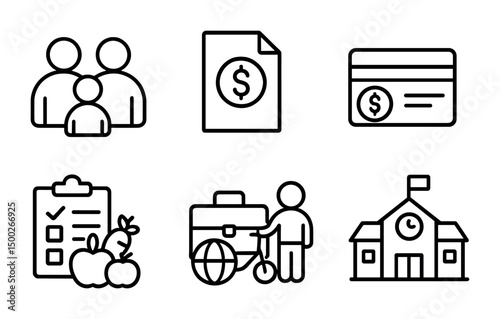 Family and finance outline icons set – solid, linear, household and budget symbols