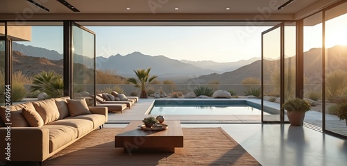 Modern living room panoramic view desert mountains pool area. Glass doors open to terrace sunbeds plants. Luxury home interior design apartment resort travel.