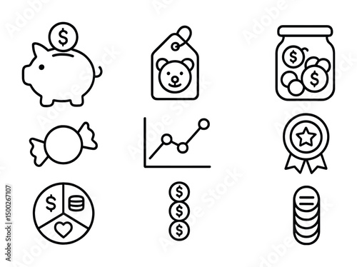 Finance and money outline icons set – linear, budget, financial symbols