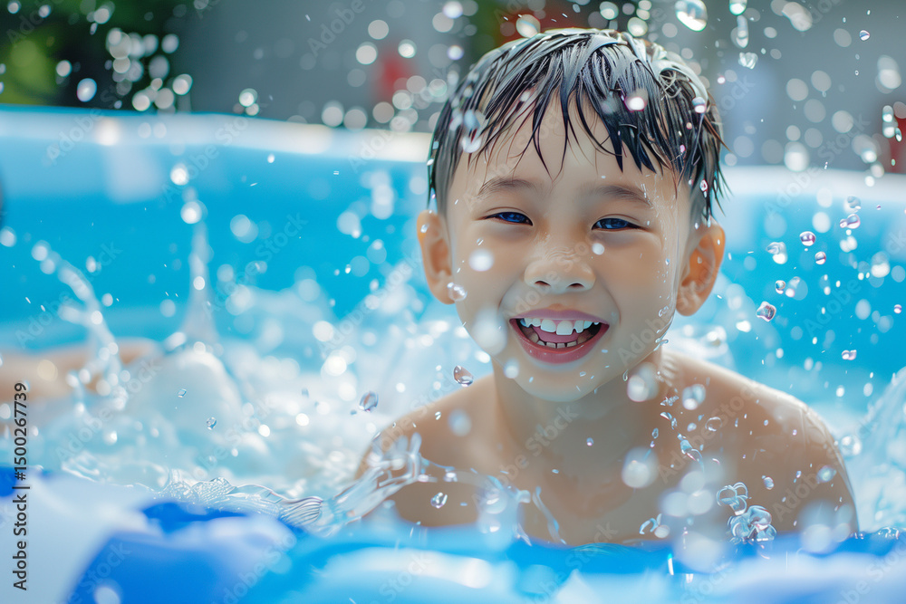 Boy playing in a pool in the garden, cooling off from the heat with some swimming fun, a classic summer experience in the backyard Boy playing in a pool in the garden, cooling off from the heat with some swimming fun, a classic summer experience in the backyard