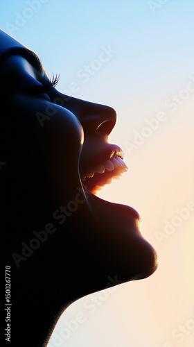 Dramatic silhouette of woman’s laughing face in side profile illuminated by warm and cool lighting.