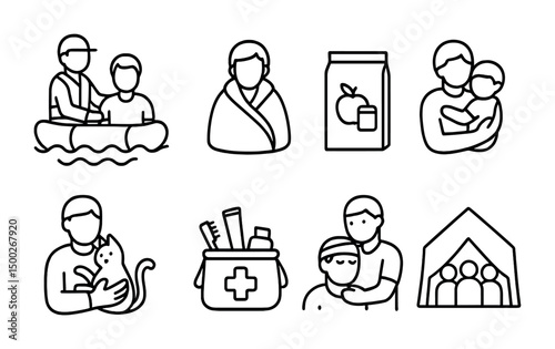 Family and humanitarian outline icons set – linear, line, social care symbols