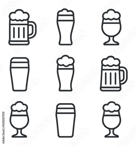 Beer Icon Set. Outline icon set of beer varieties: lager, pilsner, stout, IPA, wheat beer, porter, saison, amber ale, sour. Line